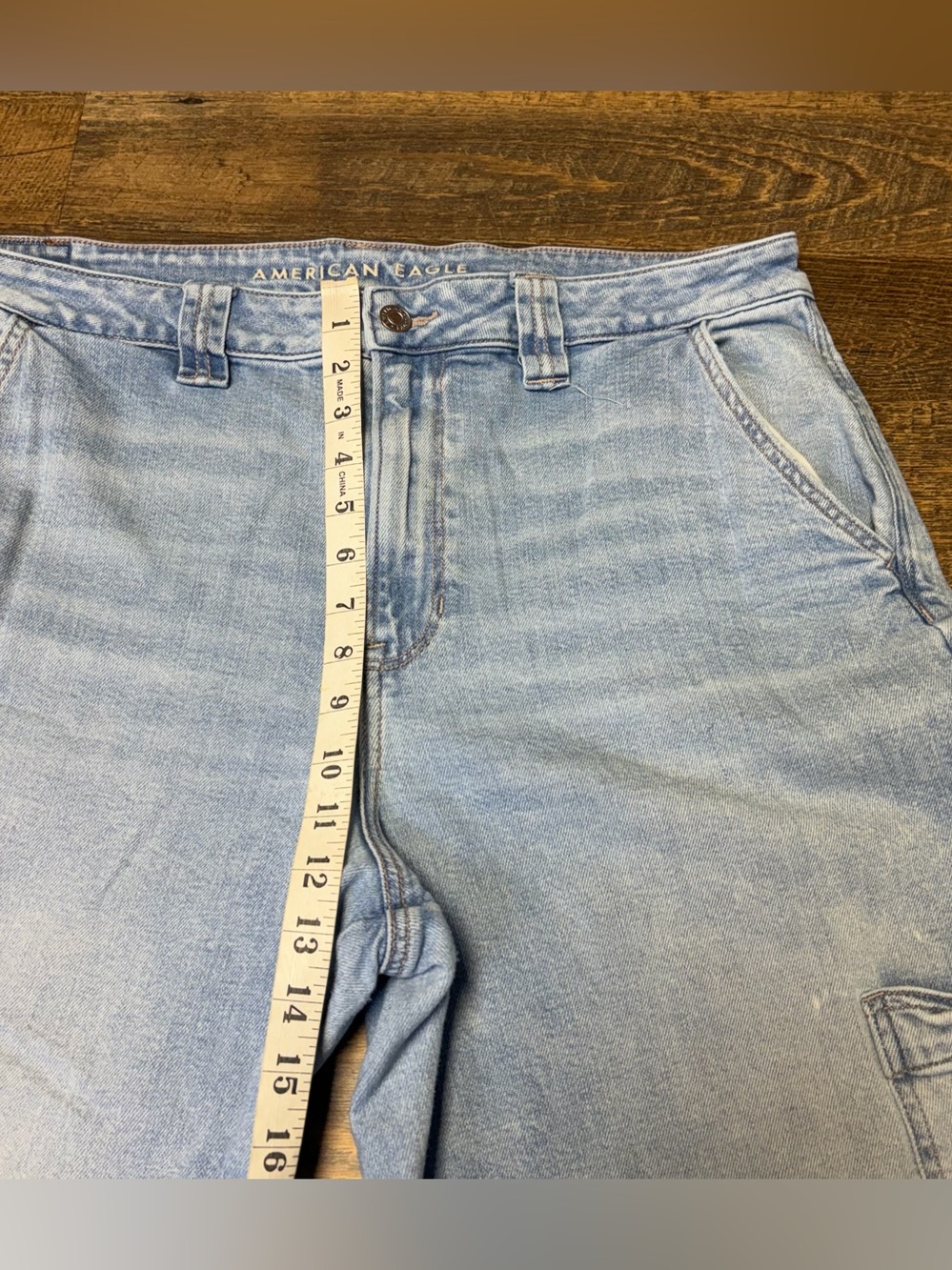 American Eagle Super High Rise Baggy Wide Leg Jeans Womens 16 Cargo Blue Stretch - Picture 4 of 10
